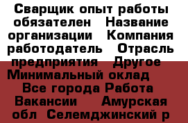 Сварщик-опыт работы обязателен › Название организации ­ Компания-работодатель › Отрасль предприятия ­ Другое › Минимальный оклад ­ 1 - Все города Работа » Вакансии   . Амурская обл.,Селемджинский р-н